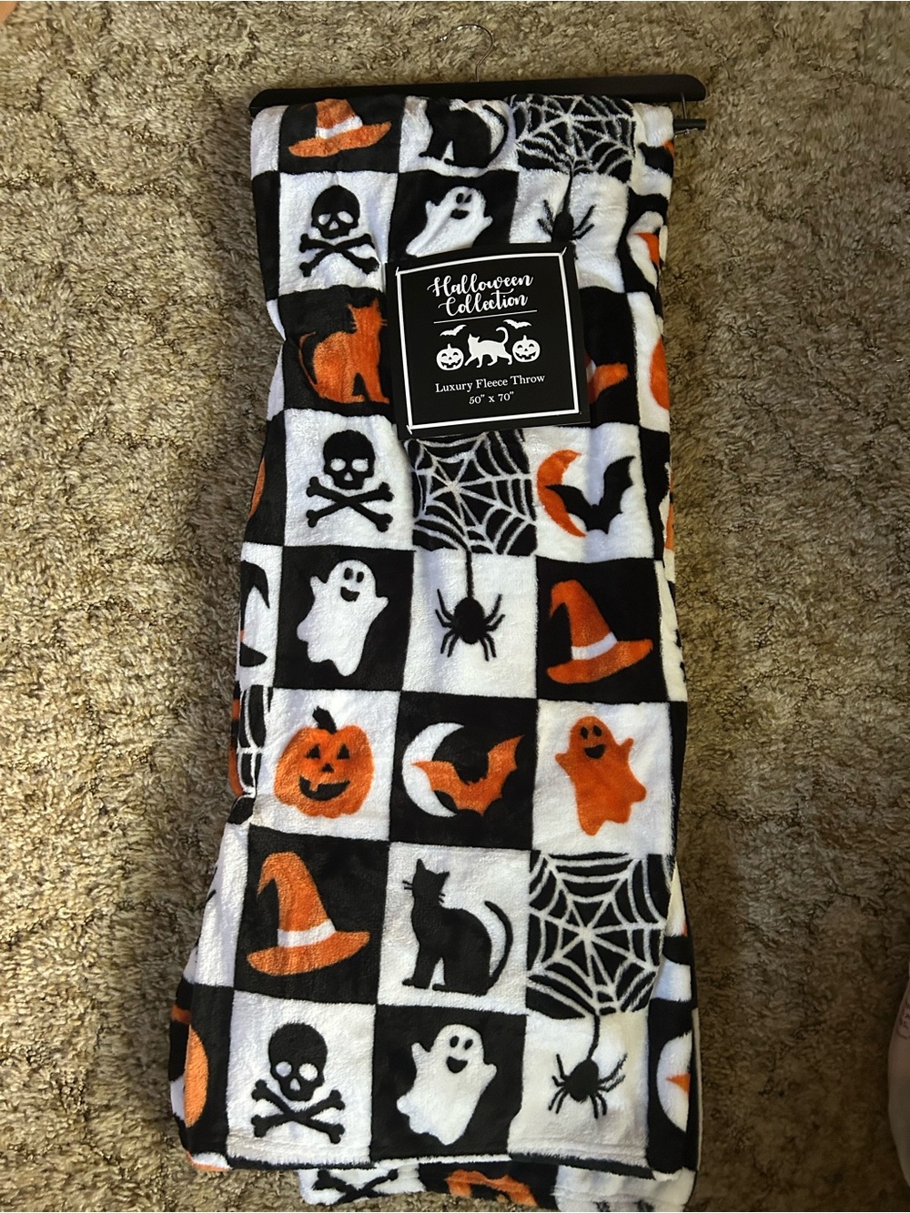 Halloween Collection Checkered Orange Black Luxury Fleece Throw Blanket